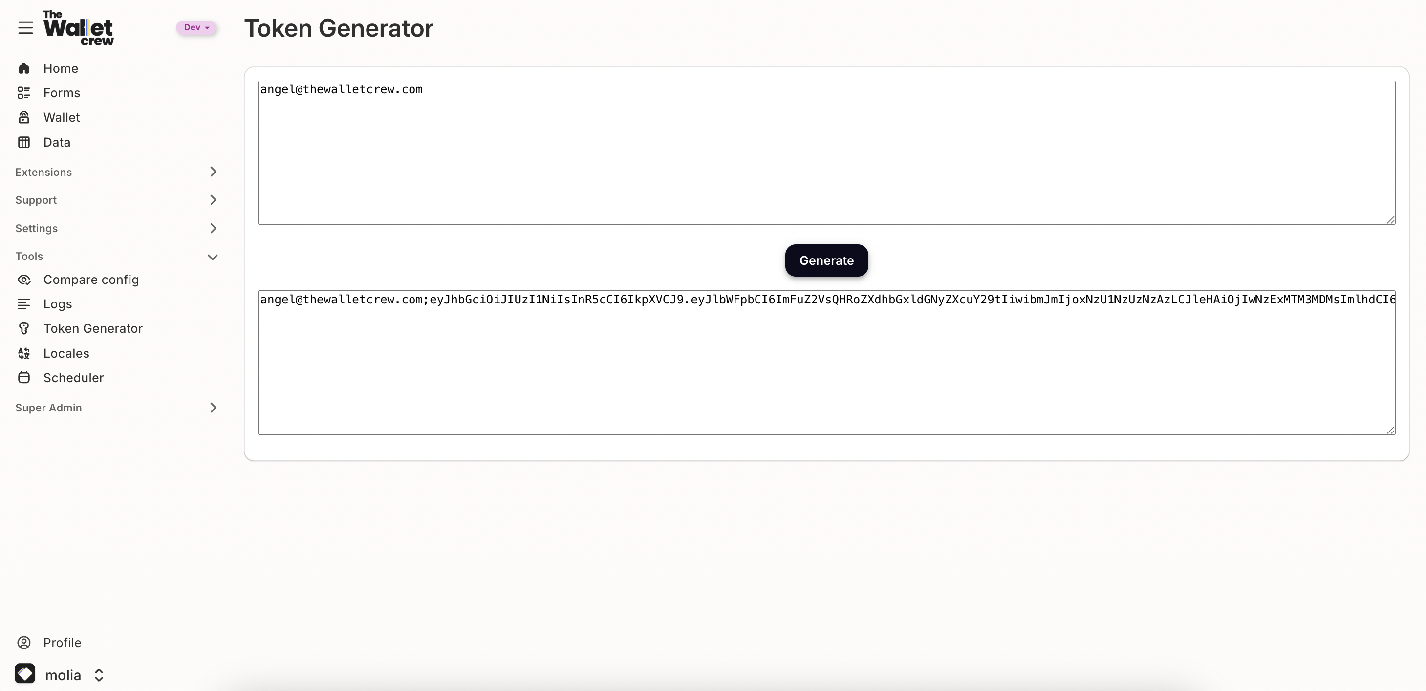 The Wallet Crew Token Generator with a list of emails pasted for token generation