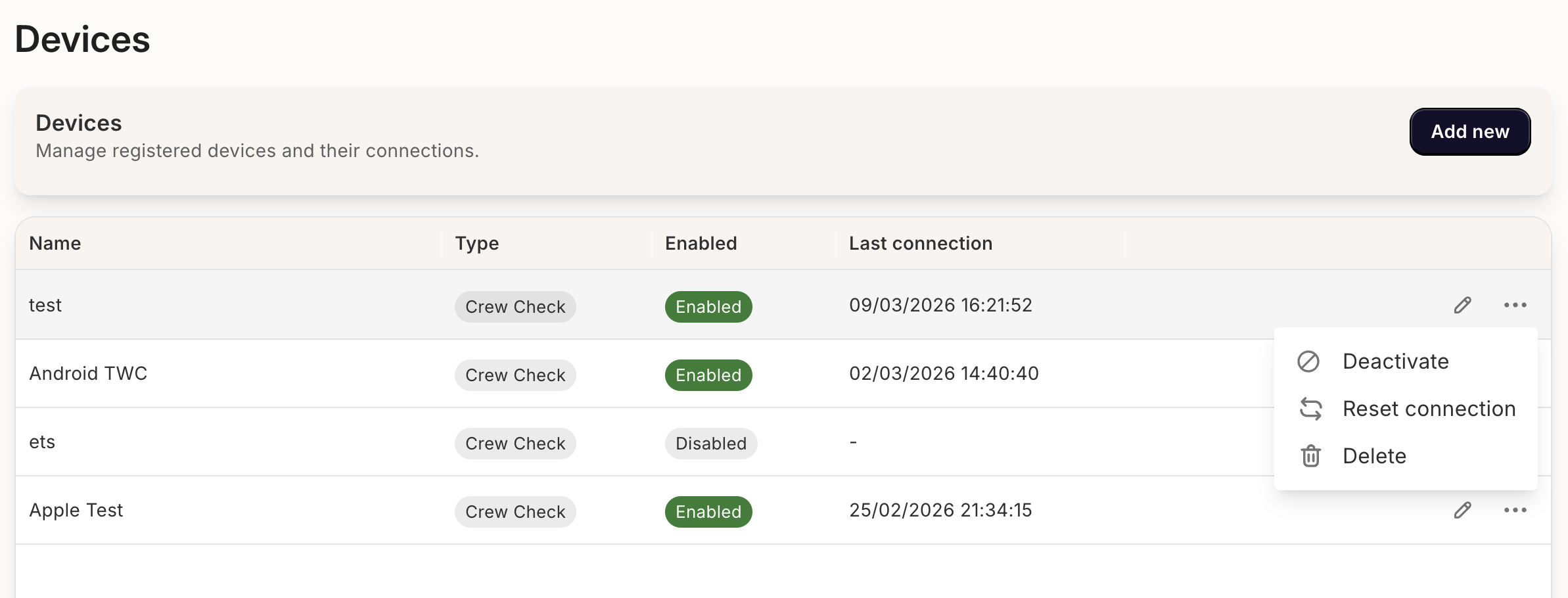 Actions available on a Pass Scanner device, including enable, disable, and delete.