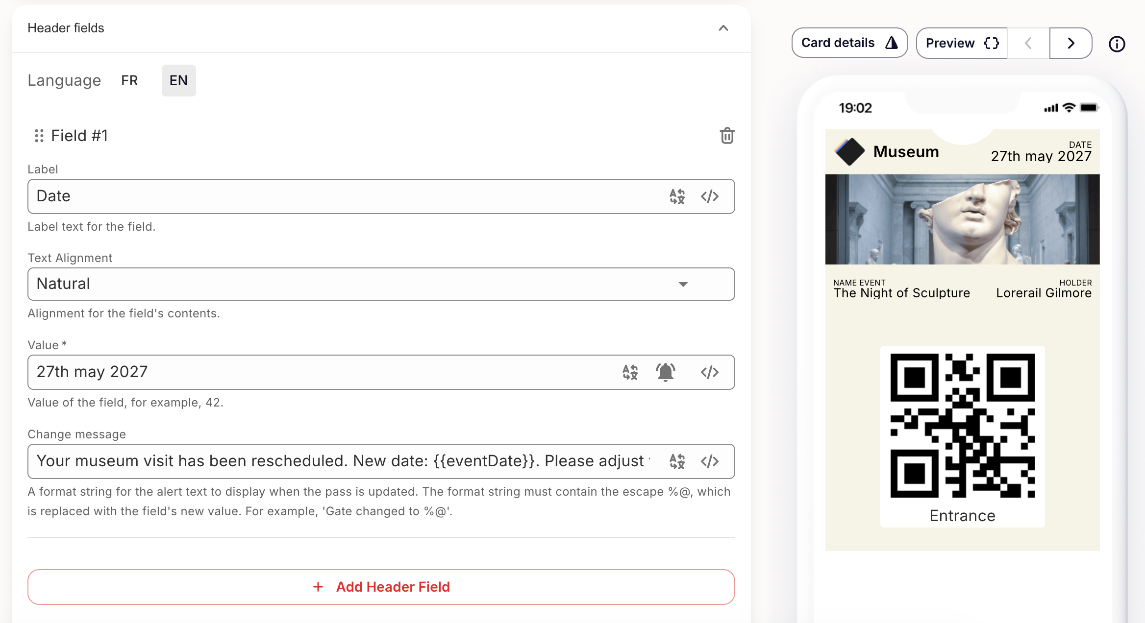 Event ticket - Header fields Apple