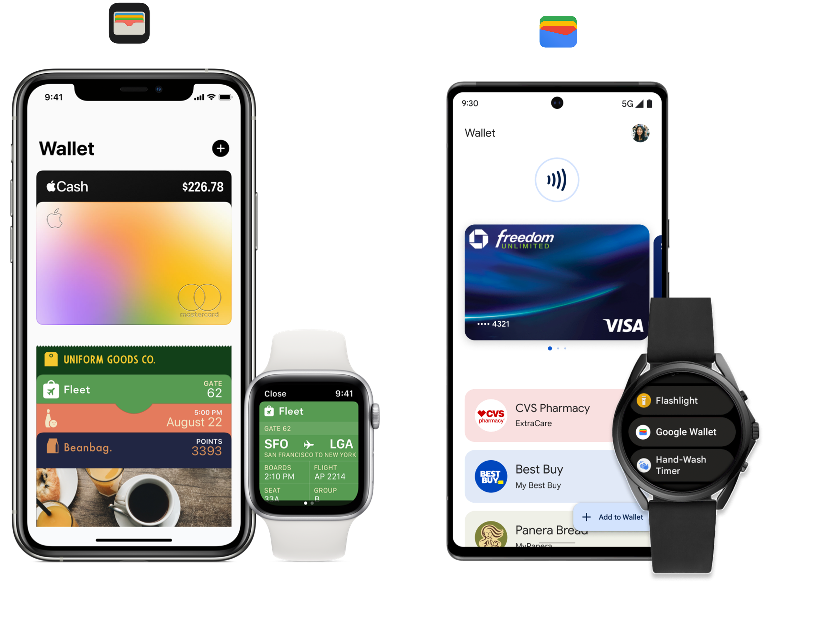 Apple Wallet and Google Wallet shown as the two main mobile wallet apps used by customers on iOS and Android.