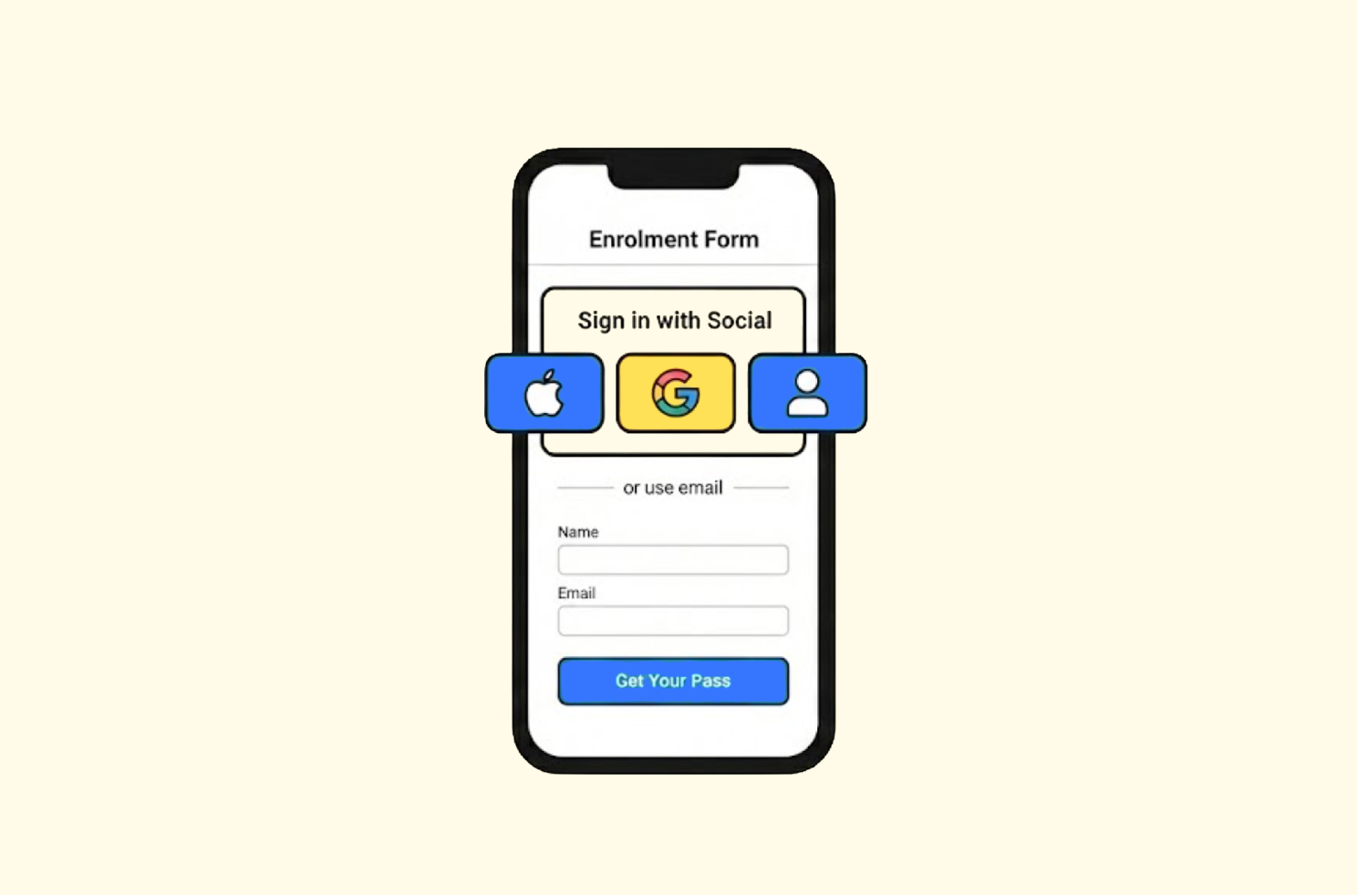 Enrolment form screen showing social sign-in buttons above the form fields