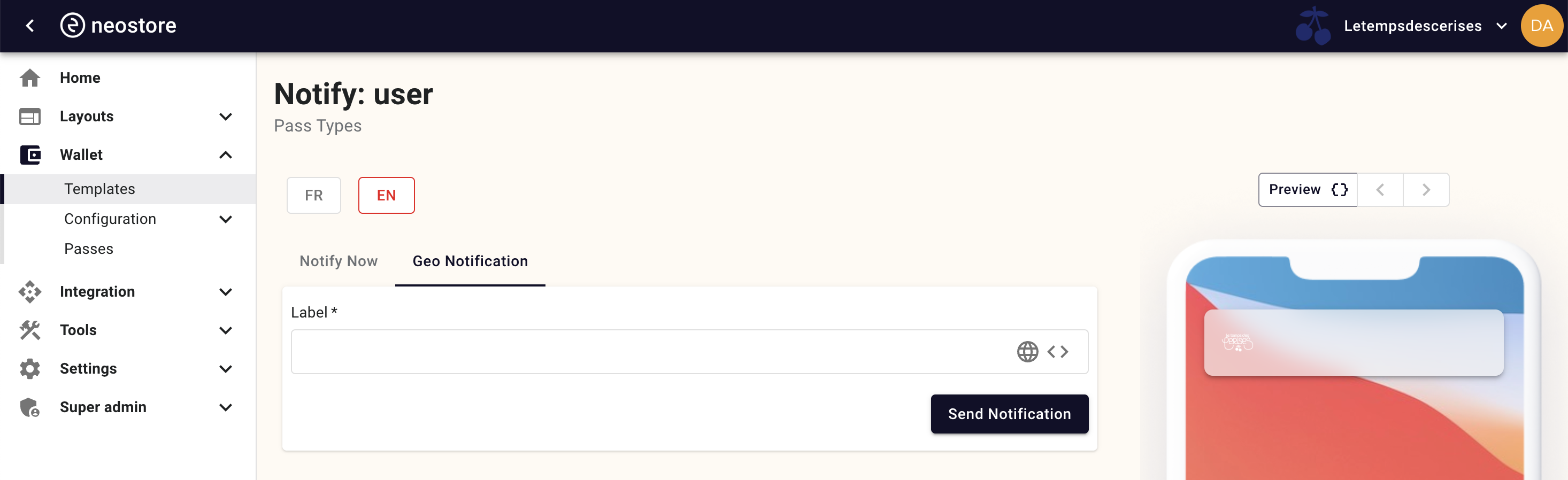 Notification configuration screen showing the Geo notification tab