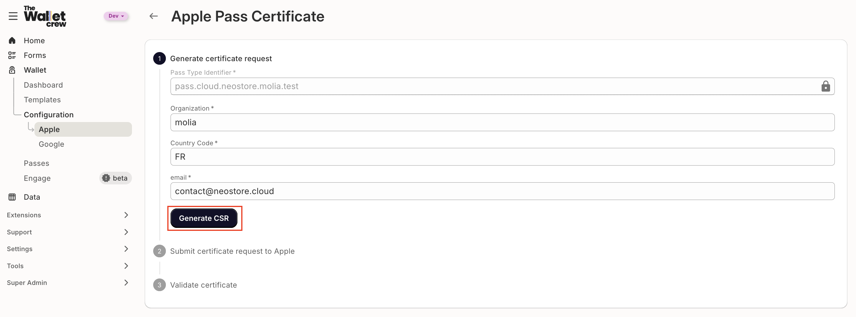The Wallet Crew Apple configuration showing Generate CSR for renewal
