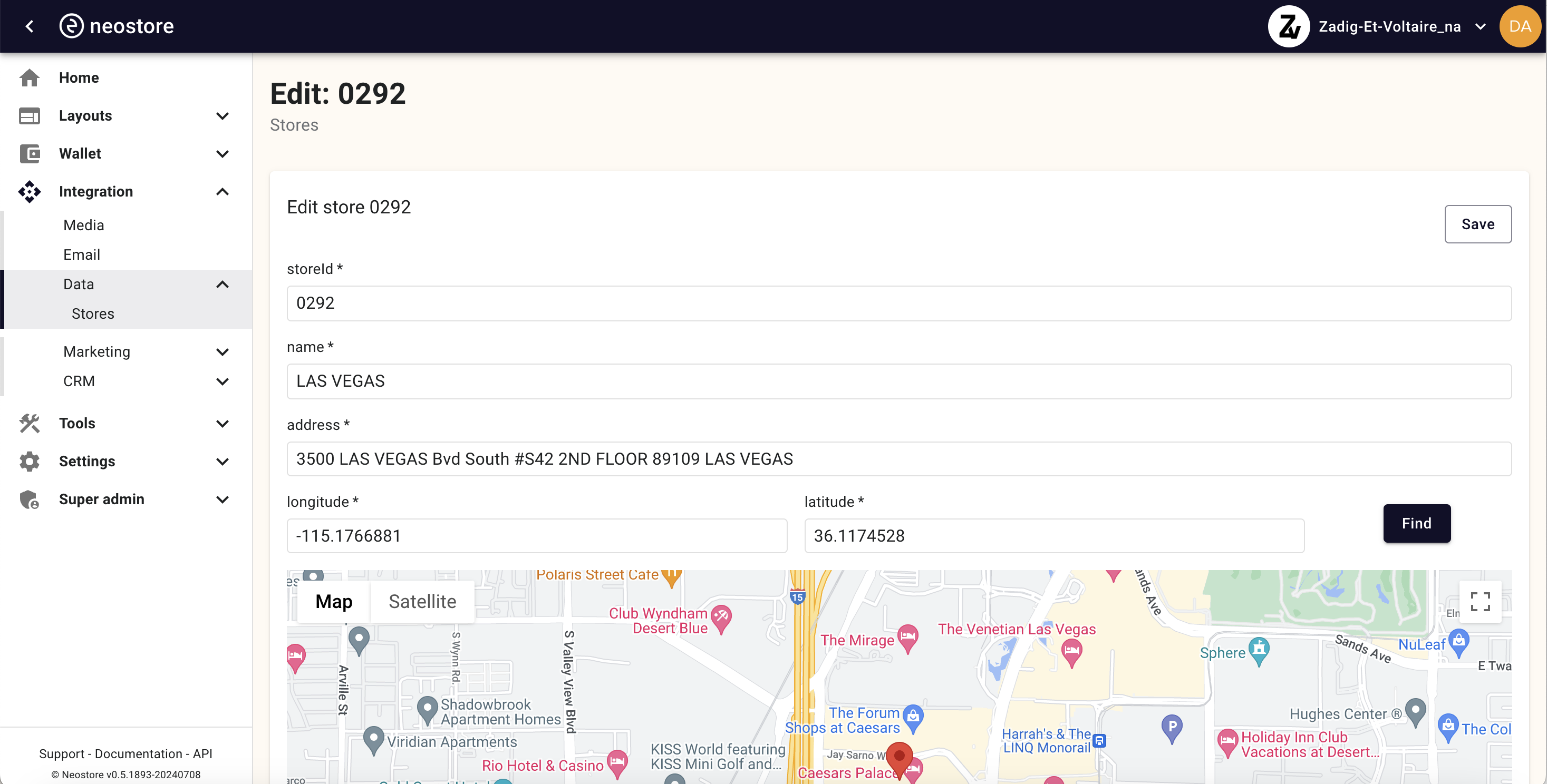 The Wallet Crew back office showing store and address configuration