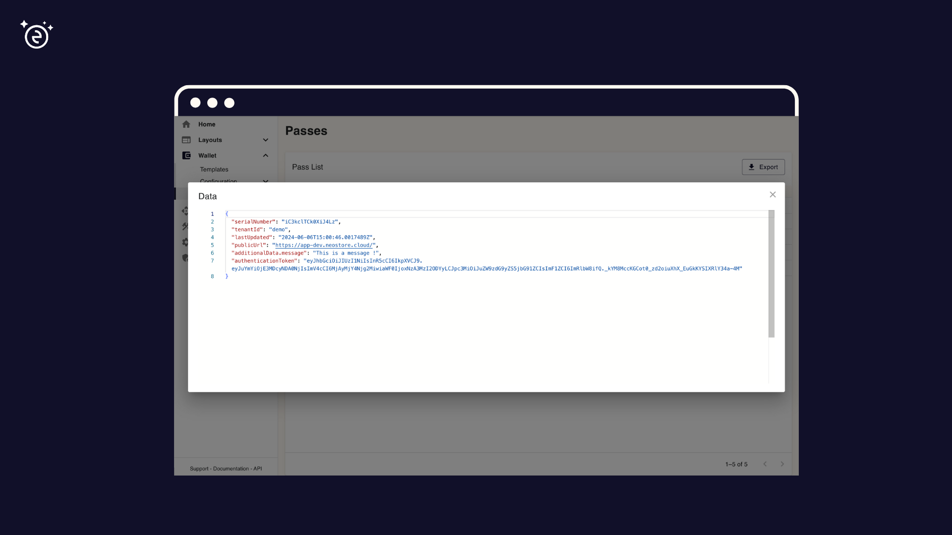 Pass details screen showing the “View data” action in the pass menu.