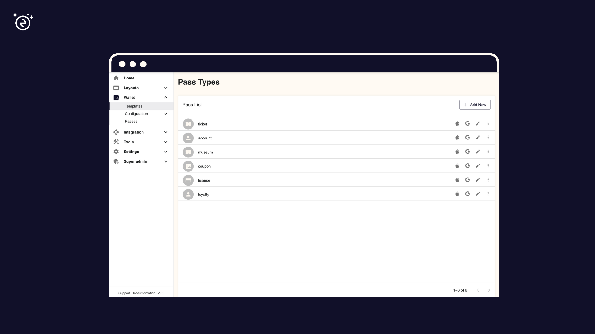 Template list showing where to edit a pass template.