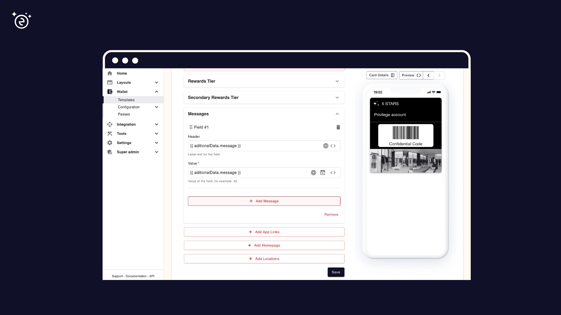 Template editor showing expandable sections for Apple and Google fields.