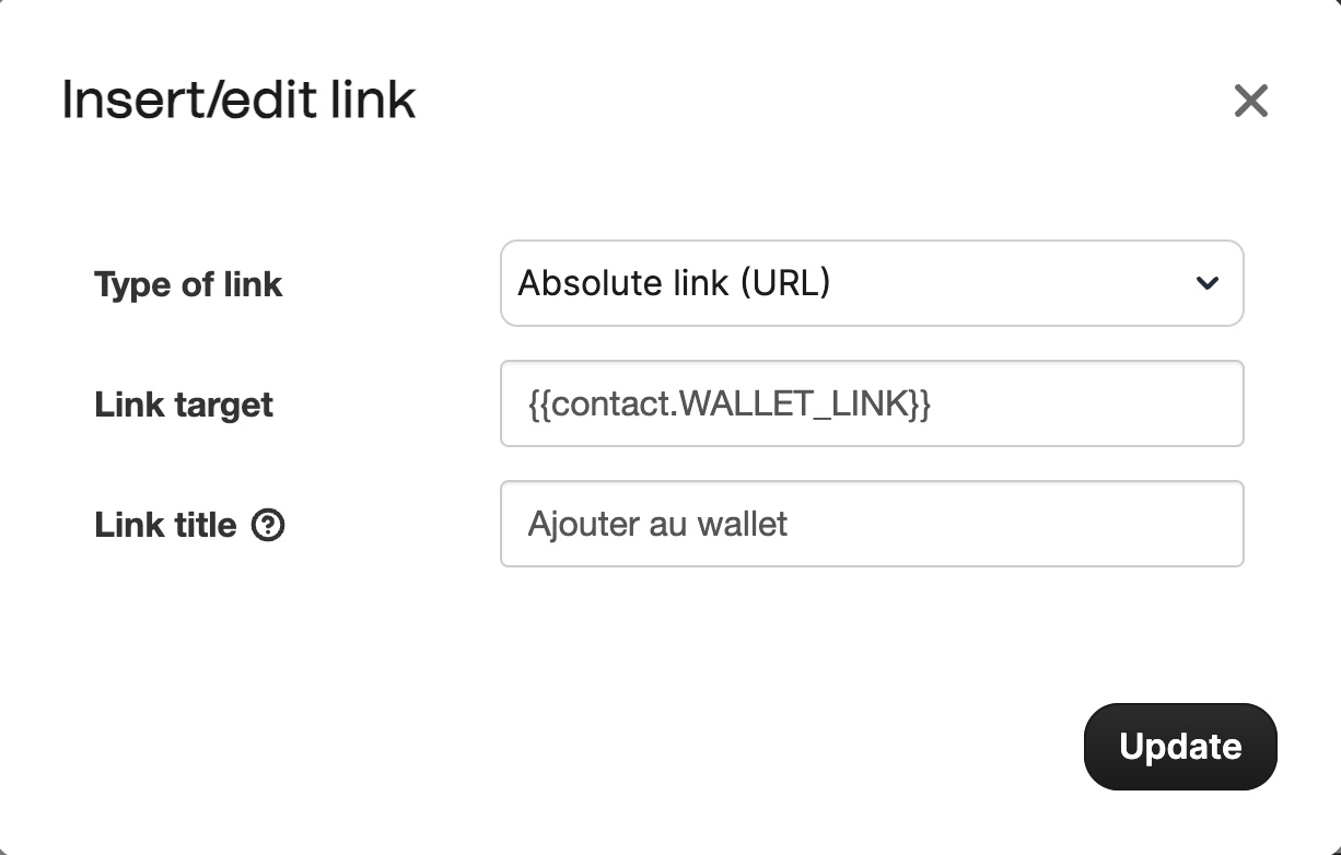 Brevo email template editor where a button link uses the WALLET_LINK attribute