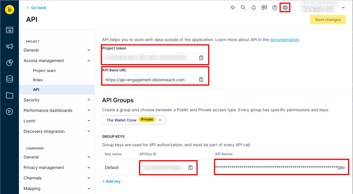 Bloomreach API Key configuration
