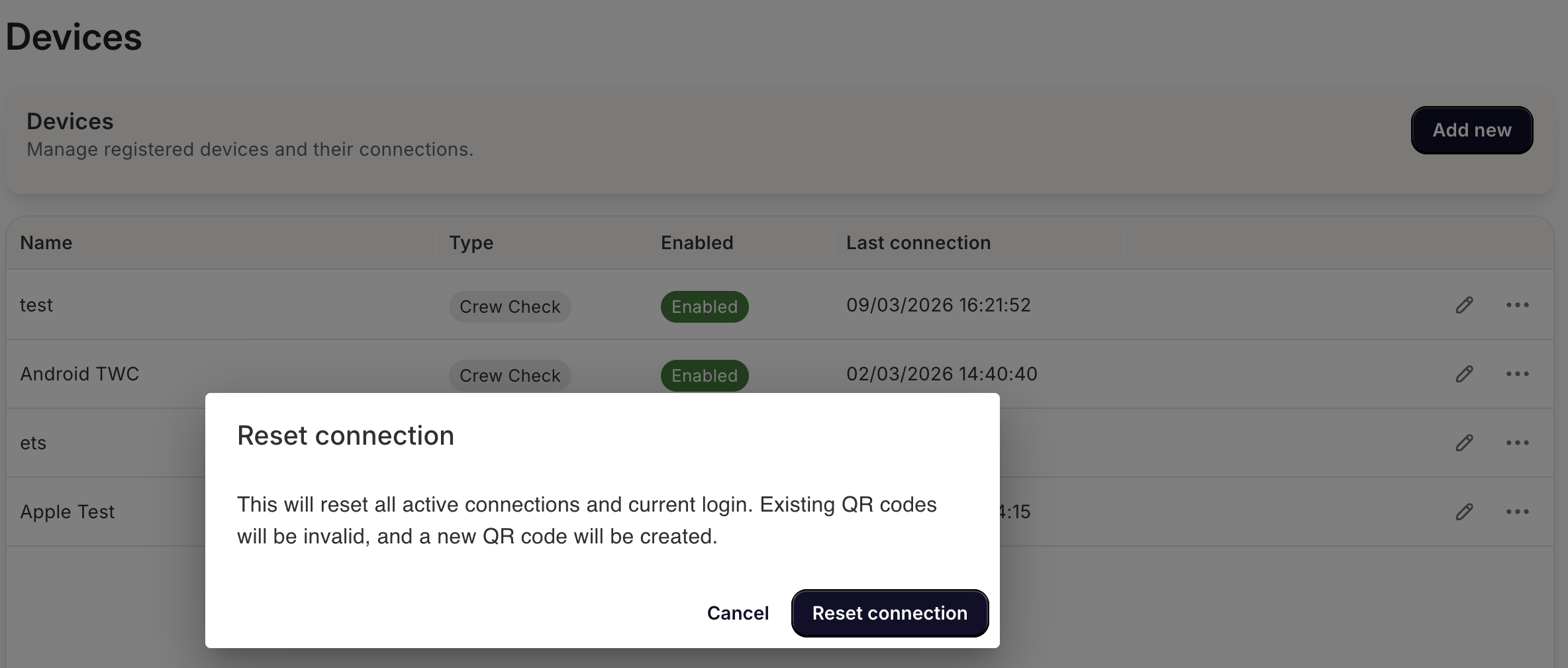 Reset connection action for a Pass Scanner device in the admin console.