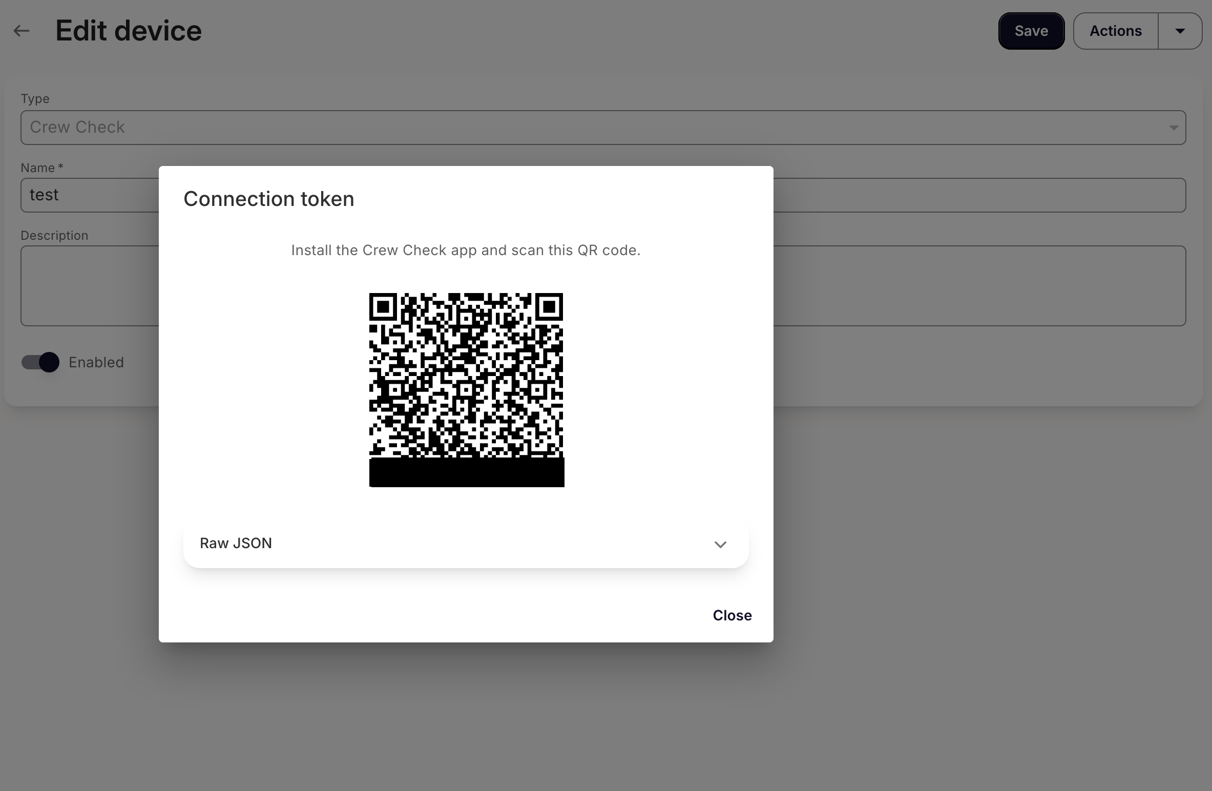 Device QR code displayed after creating a Pass Scanner device.